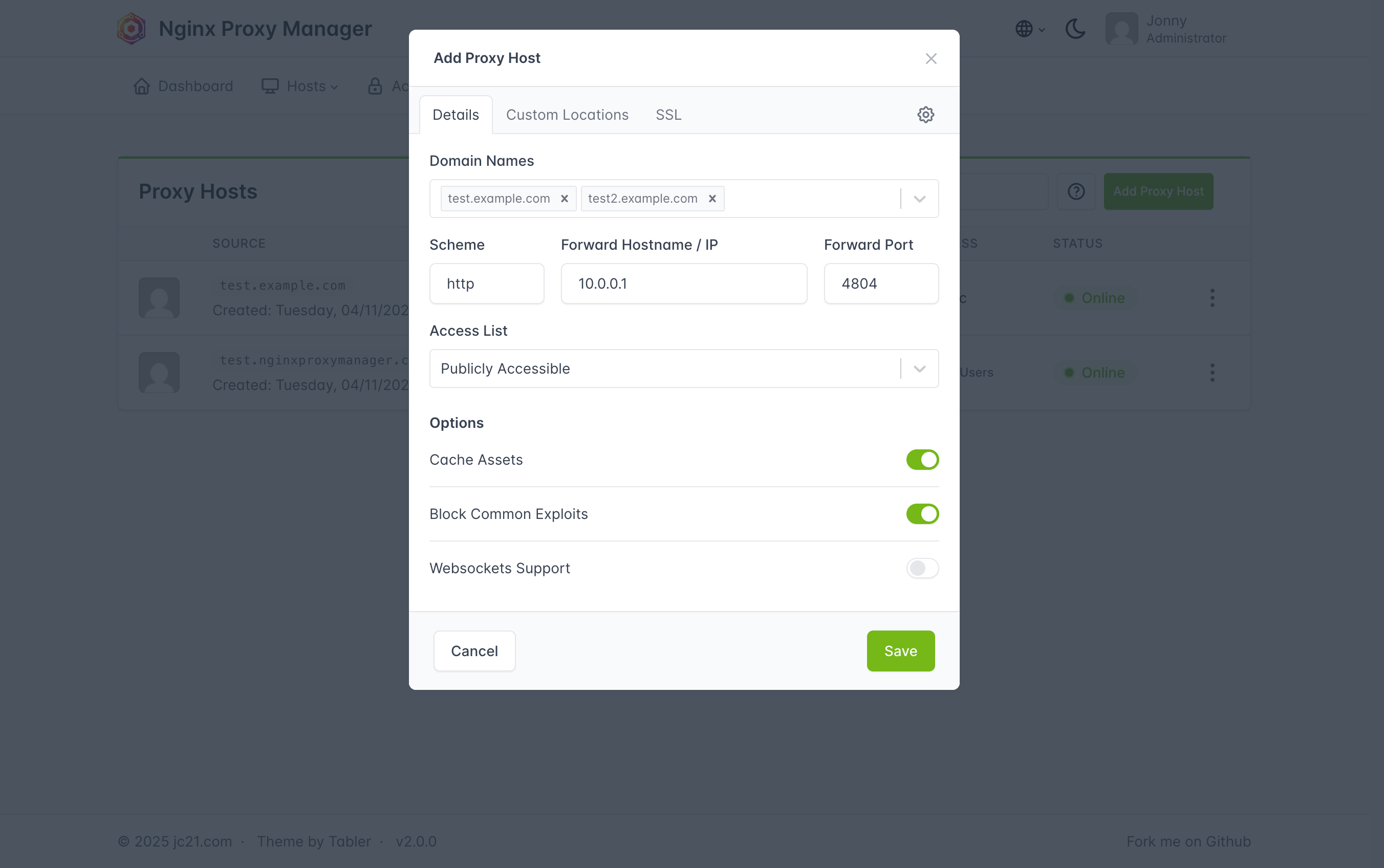 Nginx Proxy Manager 新增 Proxy Host 官方截图