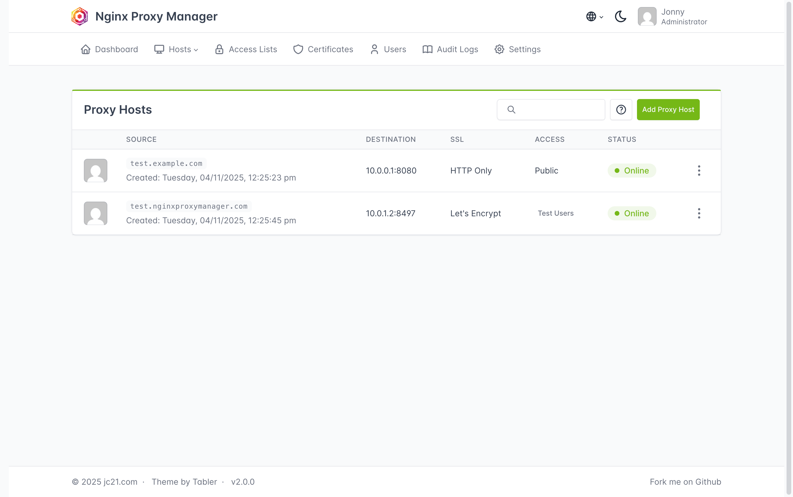 Nginx Proxy Manager Proxy Hosts 官方截图